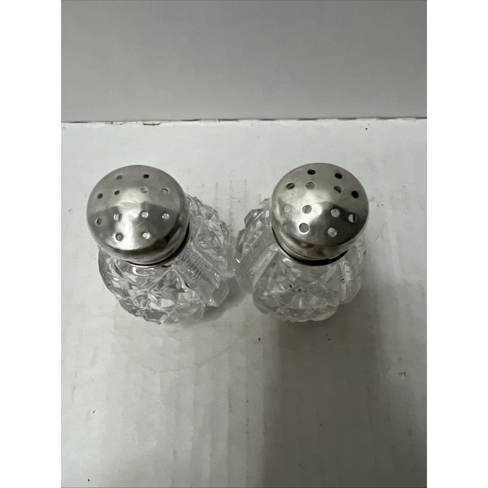 Vintage Cut Glass Crystal Salt and Pepper Shakers‎ Set Silver Tops 2 1/2